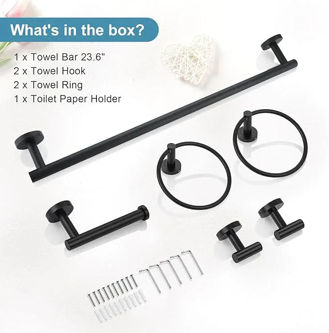 TQKAG Matte Black Bathroom Hardware Set 6-Piece Bathroom Accessory Set 23.6 Inch Round Stainless Steel Towel Bar Set Wall Mounted - ModernBath