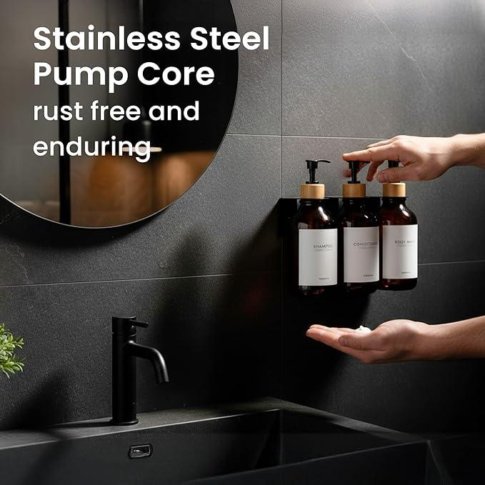 MaisoNovo Shampoo and Conditioner Dispenser - Shower Soap Dispenser Wall Mounted - 16.9 fl oz Set of 3 Amber Plastic Bottles Black Bamboo Pump - Shampoo Dispenser, Shower Dispenser 3 Chamber No Drill - ModernBath