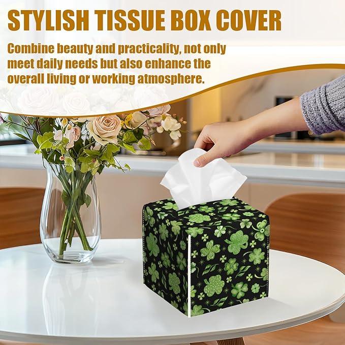 Green Clover Shamrock Tissue Box Cover 2PCS, St.Patrick's Leather Tissue Box Holder Square Facial Paper Case Tissue Box Cube Organizer for Bathroom Bedroom Desk Office - ModernBath