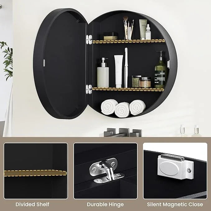 SUNWAVE 20 Inch Round Black Medicine Cabinet with Mirror, Modern Wall Mounted Vanity Cabinet for Bathroom, Circle Bathroom Mirror with Storage, Space-Saving Wood Cabinet (Black, 20 Inch) - ModernBath
