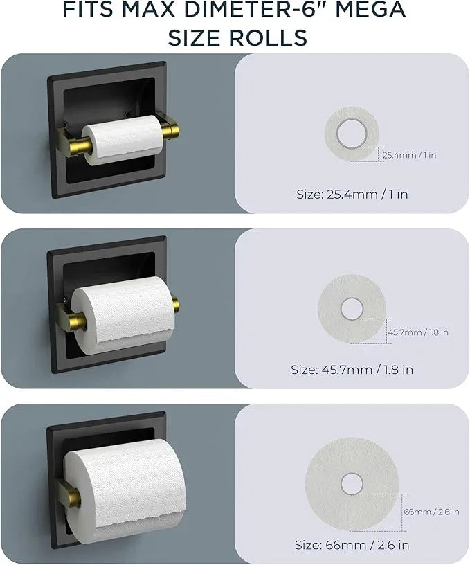 FORIOUS Recessed Toilet Paper Holder, Stainless Steel Durable Tissue Roll Holder Wall Mount for Bathroom Space Saving Design with Mounting Bracket, Wall Square Toilet Paper Dispenser, Black&Gold - ModernBath