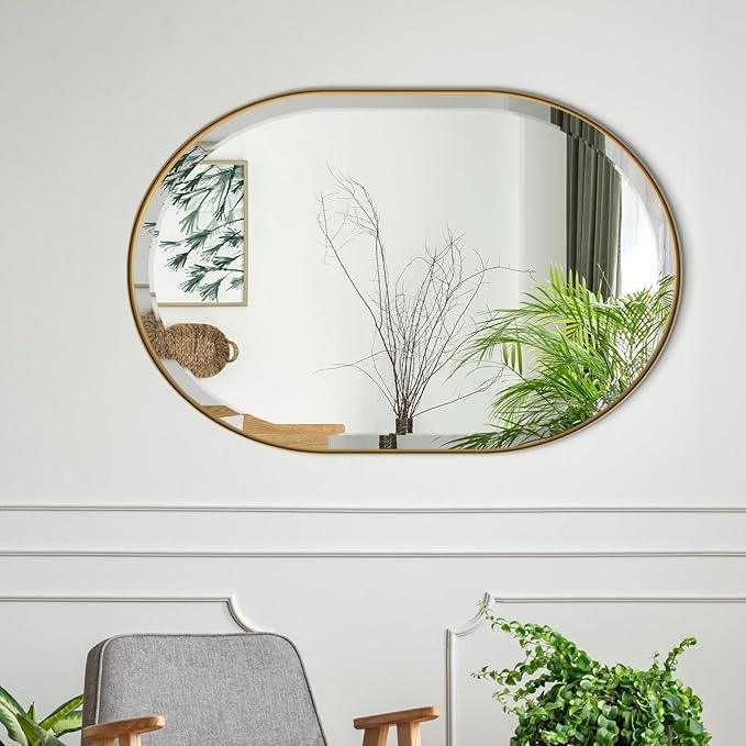 POZINO Oval Mirror Over Sink, Brushed Gold Beveled Mirror, 24"x36" Bathroom Vanity Mirrors with Stainless Steel Frame, Brass Oblong Wall Mirrors for Bedroom Living Room, Hangs Horizontal Or Vertical - ModernBath