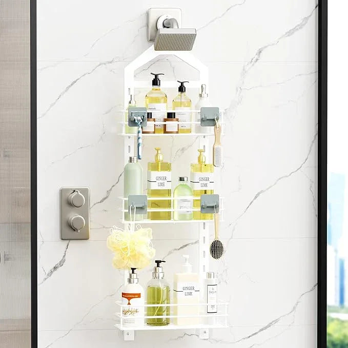 Orimade Adjustable Anti-slip Shower Caddy over Head, Rustproof Bathroom Hanging Shower Organizer with 2 Hooks for Razor, No Drilling Shower Shelves Storage Rack 3 Tier, White - ModernBath