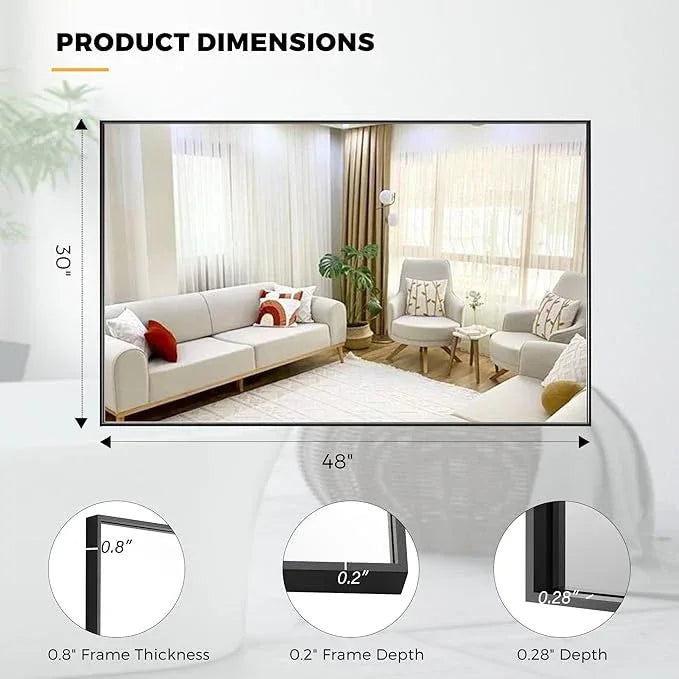 Bonverre 30x48 Inch Black Bathroom Mirror for Wall, Aluminum Frame Rectangle Rectangular Vanity Mirror, Modern Large for Bedroom, Living Room, Horizontal or Vertical - ModernBath