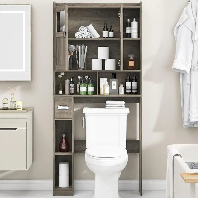 Vabches Over The Toilet Storage Cabinet, Bathroom Shelf Over Toilet with Glass Doors and Adjustable Shelves, Grey Freestanding Home Space Save Toilet Rack, for Restroom, Bathroom, Laundry - ModernBath