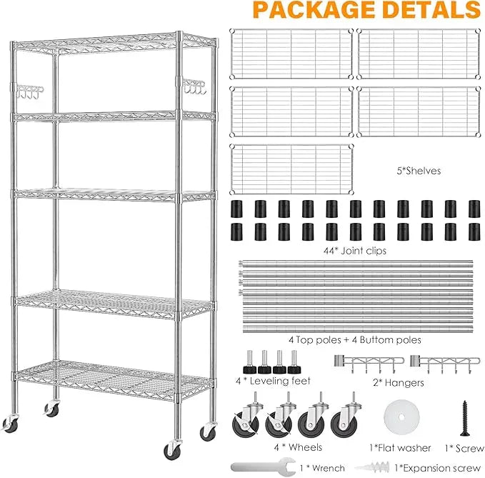 YNN Storage Shelves,1750Lbs 5 Tier Heavy Duty Metal Rolling Shelving Unit with Wheels & 8 Hooks, Adjustable Garage Wire Rack for Kitchen, Bathroom,Industrial,Pantry(36" W x 14" D x 72" H, Chrome) - ModernBath
