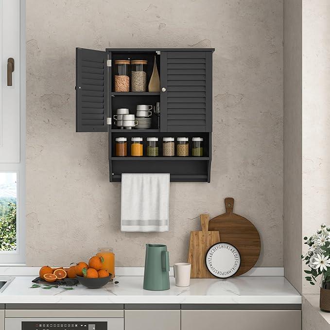 Tangkula Wall Mounted Bathroom Cabinet with Open Shelf & Bar, Medicine Cabinet with Double Louvered Doors, Wall Storage Cabinet with Adjustable Shelf, for Bathroom Living Room Kitchen (Black) - ModernBath