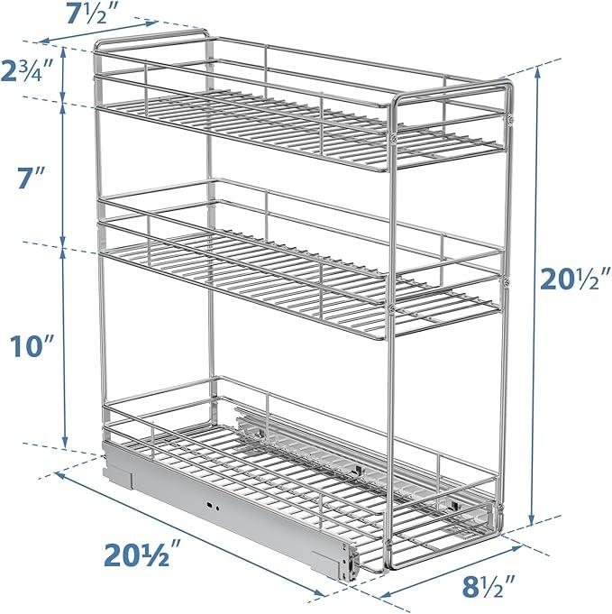 ROOMTEC Pull Out Spice Rack for Narrow Cabinet (8½" W X 20½" D),3 Tier Slide Out Cabinet Organizer and Pull Out Shelves Under Cabinet Storage for Kitchen, Chrome - ModernBath