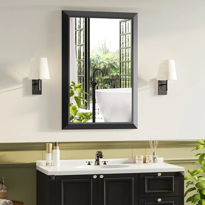 Black Bathroom Mirror for Over Sink, 24x36Inch Thick Anti-Rust Metal Frame, Rectangle Decorative Wall Mirror with HD Tempered Glass Horizontal or Vertical Mount for Vanity, Bedroom, Living Room - ModernBath