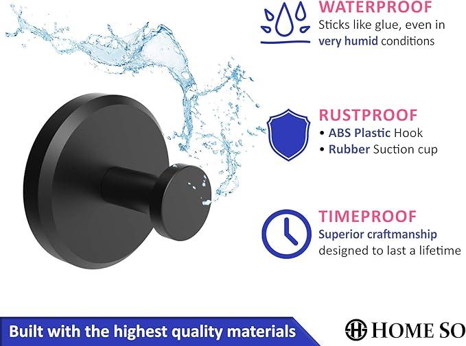 HOME SO Suction Cup Hooks for Shower, Bathroom, Kitchen, Glass Door, Mirror, Tile – Loofah, Towel, Coat, Bath Robe Hook Holder for Hanging up to 15 lbs – Waterproof & Rustproof, Matte Black (2-Pack) - ModernBath