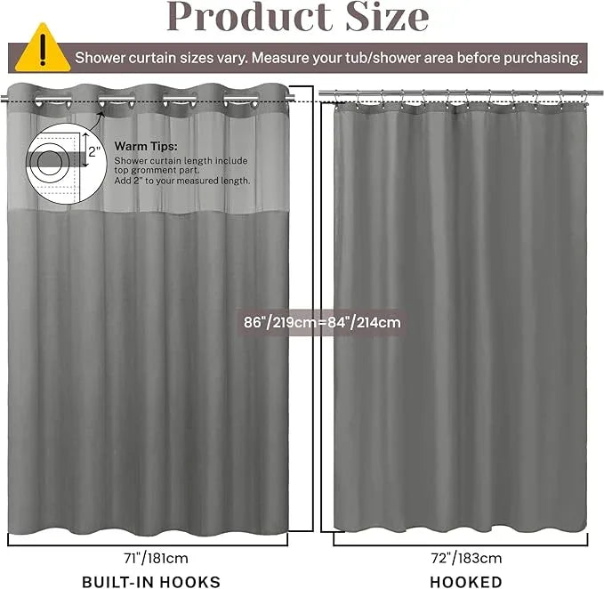 SORTTO No Hook Slub Textured Shower Curtain with Snap in Liner - Grey Fabric Outer Curtain & Waterproof Inner Liner, Hotel Style with See Through Top Window, 71x86 in - ModernBath