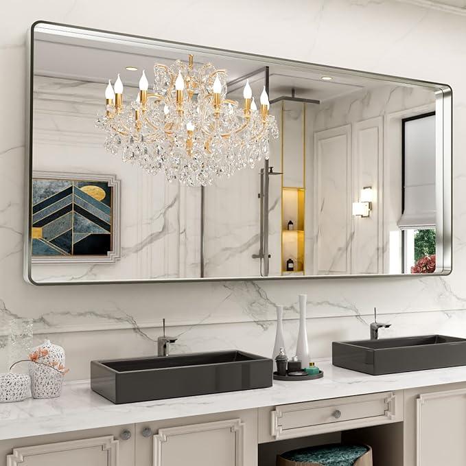 LOAAO 72X36 Inch Brushed Nickel Bathroom Mirror, Rounded Rectangle Silver Metal Frame Mirror, Brushed Nickel, Anti-Rust, Shatter Proof, Hangs Horizontally or Vertically - ModernBath