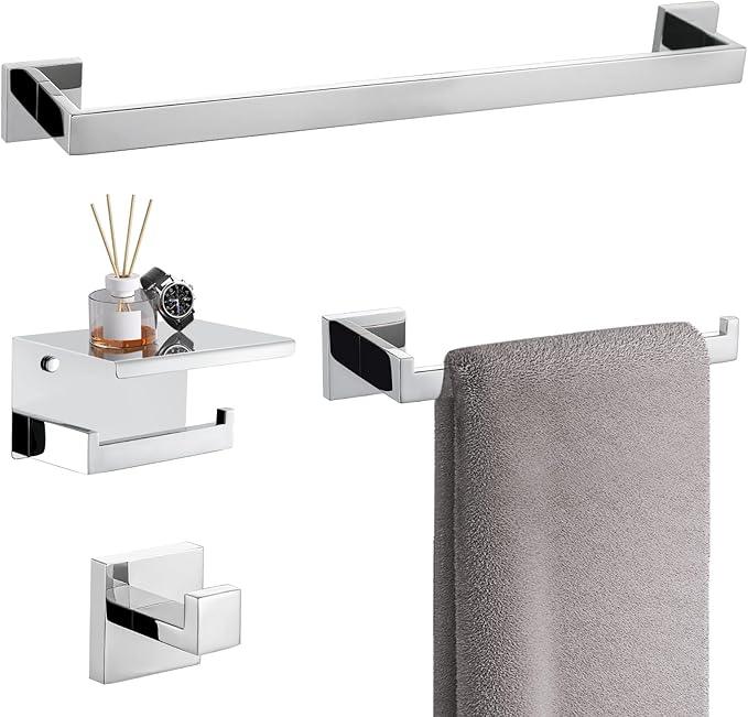 TURS 4-Piece Bathroom Hardware Set Bath Towel Bar Set 24 Inch Towel Holder Set for Bathroom Wall Mounted Stainless Steel Bathroom Accessories Set Polished - ModernBath