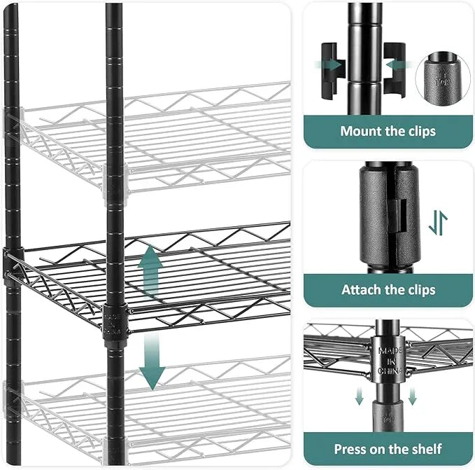 Homdox 6-Tier Storage Shelf Wire Shelving Unit Free Standing Rack Organization Adjustable Leveling Feet, Stainless Side Hooks, Black - ModernBath