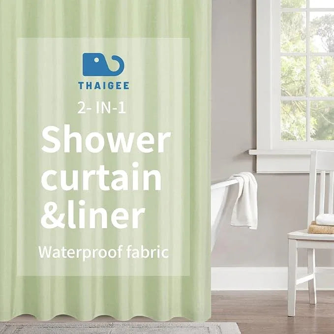 THAIGEE 2-in-1 Waterproof Long Fabric Shower Curtain or Liner,Linen Textured,78 Inch Breathable TPU & Washable Bathroom Shower Curtain Set with 12 Plastic Hooks,Modern,72"x78",Green - ModernBath