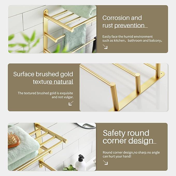 KOKOSIRI 3 Tier Bath Towel Rack 24 Inch Wall Mounted Rack with Towel Bars Towel Shelf with Single Towel Bar Bathroom Ladder Brushed Gold B5003BG - ModernBath