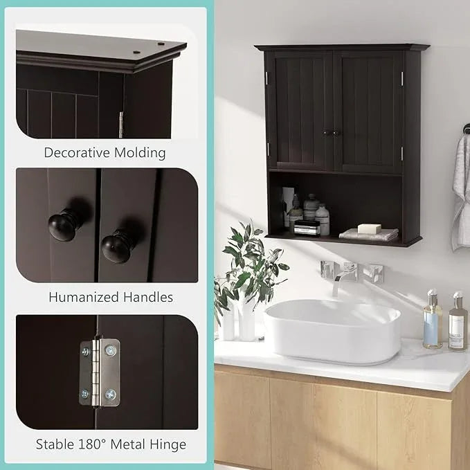 COSTWAY Wall Mounted Bathroom Cabinet, Over The Toilet Storage Cabinet w/Double Doors & Adjustable Shelf, Wood Hanging Medicine Cabinet for Living Room, Entryway, Kitchen (Brown) - ModernBath