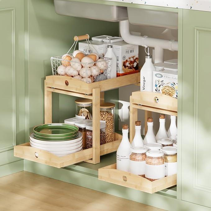 2 Pack Under Sink Organizer, Bamboo Wooden 2-Tier Pull-Out Storage with Sliding Drawers for Kitchen and Bathroom Cabinets, Easy Installation (Natural) - ModernBath