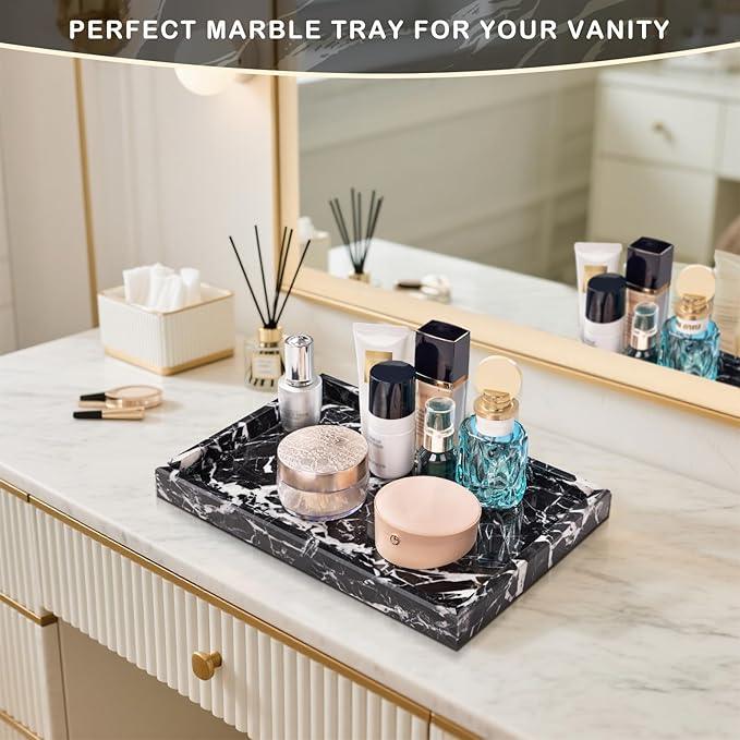 Homaura Marble Bathroom Tray for Countertop & Home Decor, Natural Decorative Marble Tray for Jewelry & Perfume Organizer, Luxury Stone Vanity Trays for Dresser, Kitchen Counter, 12" x 8", Black - ModernBath