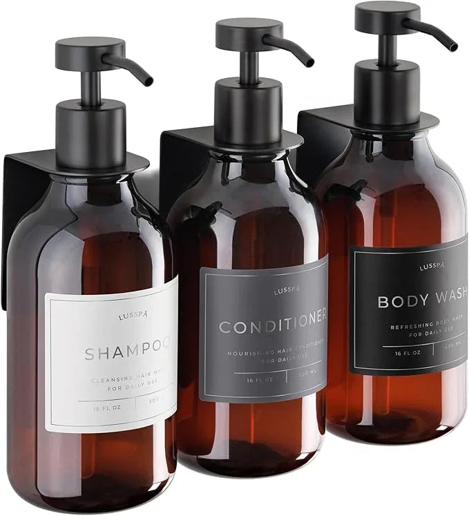 Shampoo & Conditioner Dispenser - Shower Soap Dispenser Wall Mounted - Set of 3 16.9 Oz Plastic Bottles with Pump & Holder - Shampoo Dispenser - Shower Dispenser Chamber No Drill (3 X Amber/Black) - ModernBath