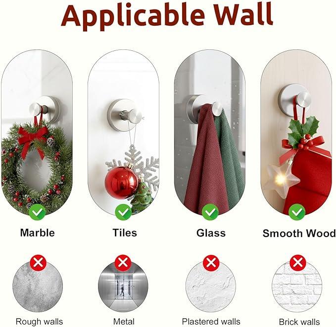 Upgraded Suction Cup Hooks for Door Wreaths, Heavy Duty Wreath Hangers for Front Door, Glass Window and Outdoor use, Strong Suction Vacuum Hook for Towels, Robes & Decorations(4 Pack, Silver) - ModernBath