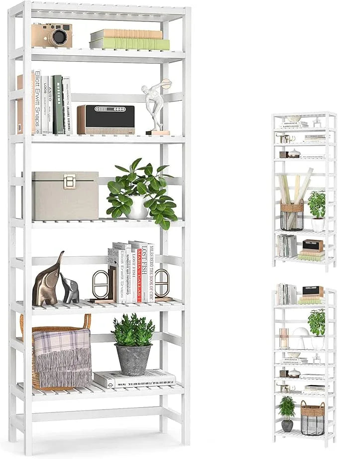 Homykic 6-Tier Bamboo Bookshelves and Bookcases, Adjustable 63.4”Tall Shallow Book Shelf Organizer Rack, Freestanding Storage Shelving Unit for Living Room, Kitchen, Bathroom, Office, White - ModernBath