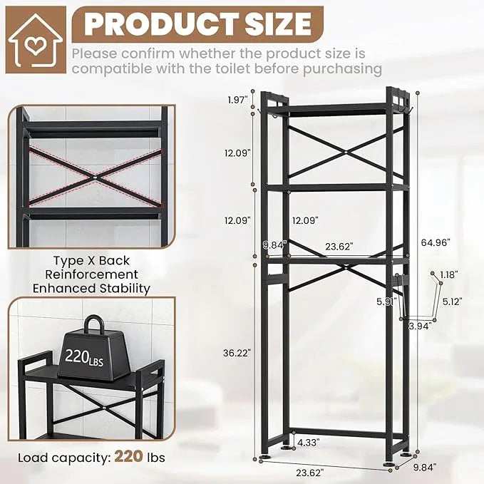 ZZL Over The Toilet Storage,3-Tier,Bathroom Toilet Organizer,Multifunctional Space Saver Freestanding Bathroom Shelves with 4 Hooks,Black - ModernBath
