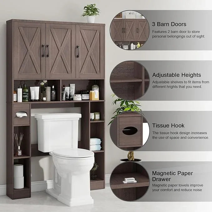 Over The Toilet Storage Cabinet, Farmhouse Toilet Cabinet Rack with 3 Barn Doors, Space Saving Bathroom Organizer with Shelves, Toilet Paper Holder and Towel Rack for Bathroom,Restroom, Espresso - ModernBath