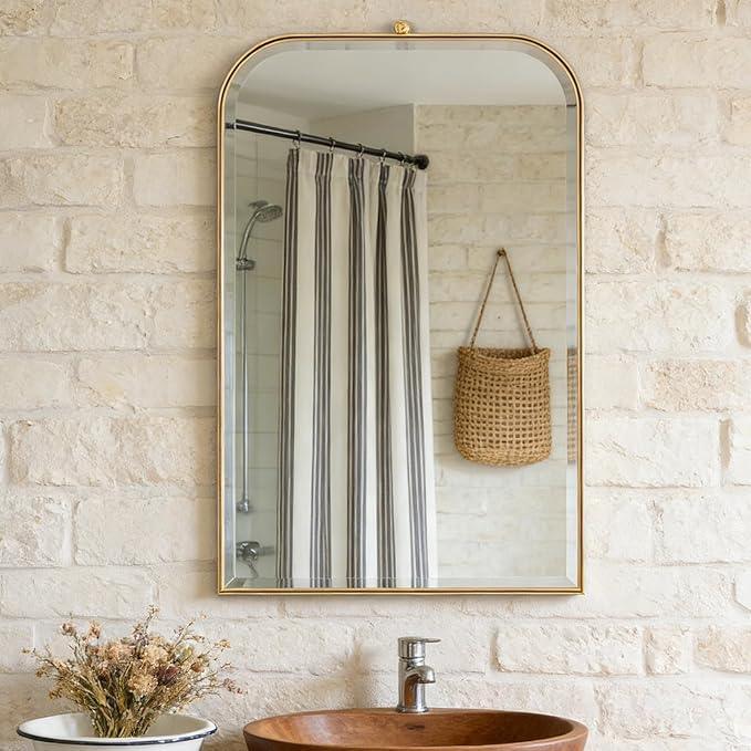 POZINO Brushed Gold Beveled Mirror, 24"x38" Arched Vanity Mirror Over Sink, Rounded Rectangle Mirrors with Stainless Steel Frame, Brass Oblong Mirrors for Bathroom Bedroom Living Room Entryway - ModernBath
