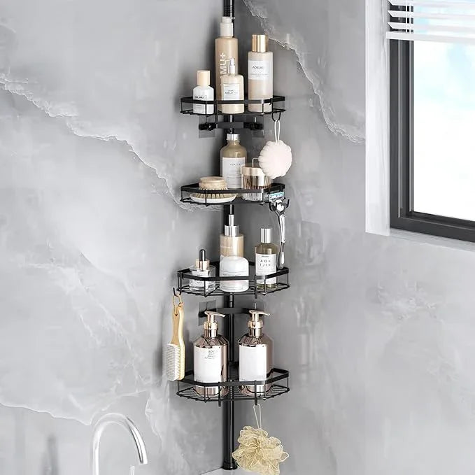 LAMU Shower Caddy Tension Pole with Adjustable Height, 4 Tier Baskets & Hooks, Corner Shower Caddy Tension Pole for Bathroom or Bathtub Corner Storage, Black - ModernBath