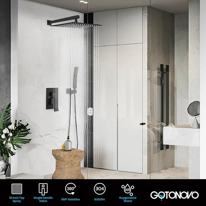 gotonovo Rainfall Bathroom Shower System Rain Shower Head and Handle Set Wall Mounted Shower Complete Combo Solid Brass Pressure Balancing Shower Mixer Valve 16 Inch Matte Black - ModernBath