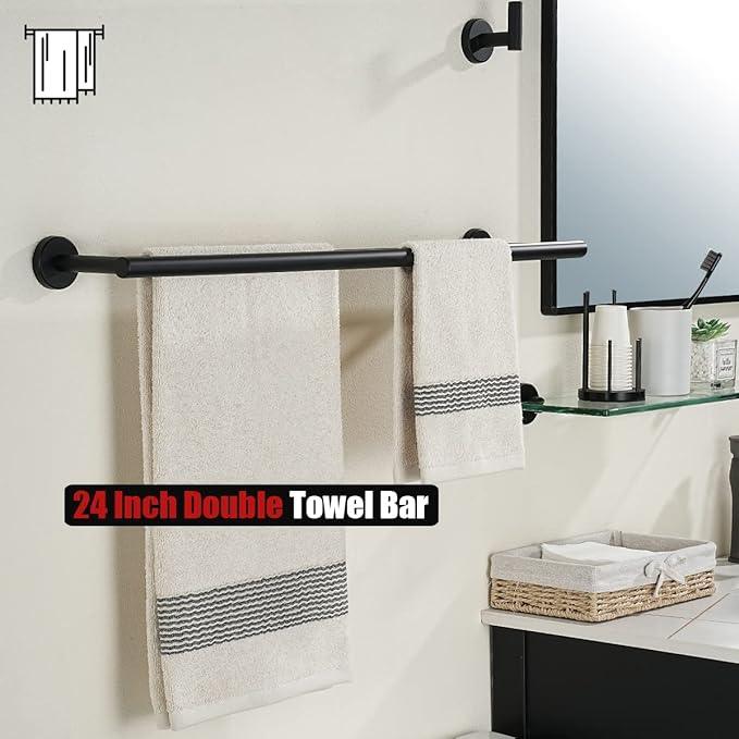 JQK Double Towel Bar 27 Inch, Matte Black Useable Length 24 Inch 304 Stainless Steel Thicken 0.8mm Bath Towel Rack for Bathroom, Towel Holder Wall Mount, TB100L24-PB - ModernBath