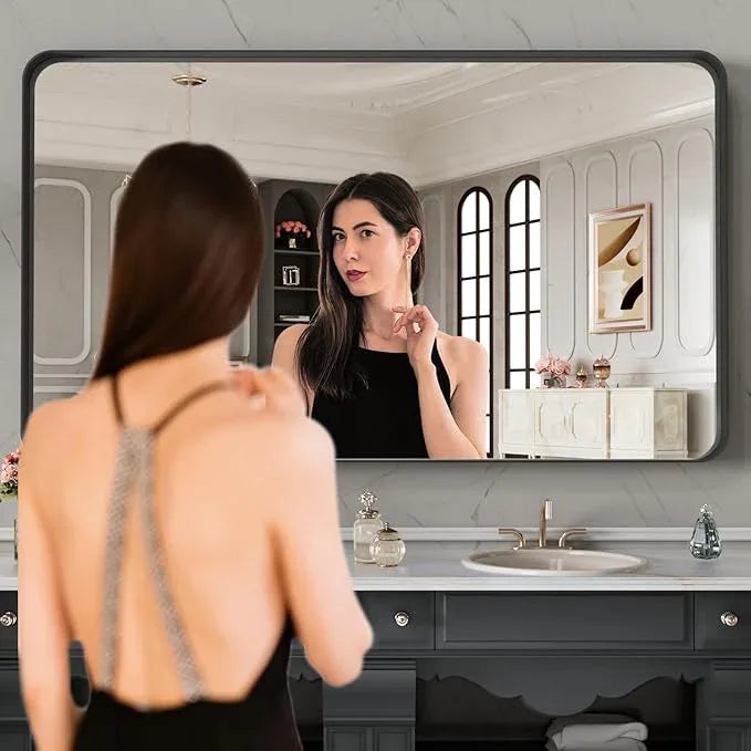 LOAAO 48X28 Inch Black Metal Framed Bathroom Mirror for Wall, Matte Black Bathroom Vanity Mirror Farmhouse, Anti-Rust, Tempered Glass, Hangs Horizontally or Vertically - ModernBath