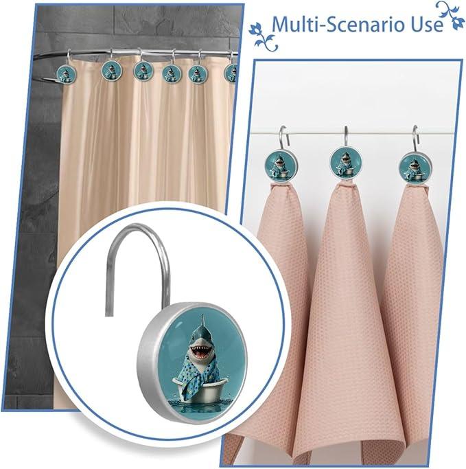 Bathing Cartoon Shark Shower Curtain Hooks Rings, Stainless Steel Rust Proof Shower Curtain Hooks, Decorative Shower Hooks for Bathroom Shower Rods Curtains, Set of 12 - ModernBath