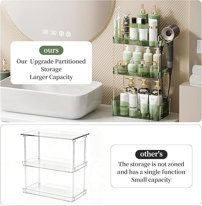 Bathroom Counter Organizer for Vanity, Makeup Organizer Countertop with Holder, Large Capacity Storage Rack, Perfect Large Skincare, Hair Care, Perfume, Easy to Install (Green, 3Tiers) - ModernBath