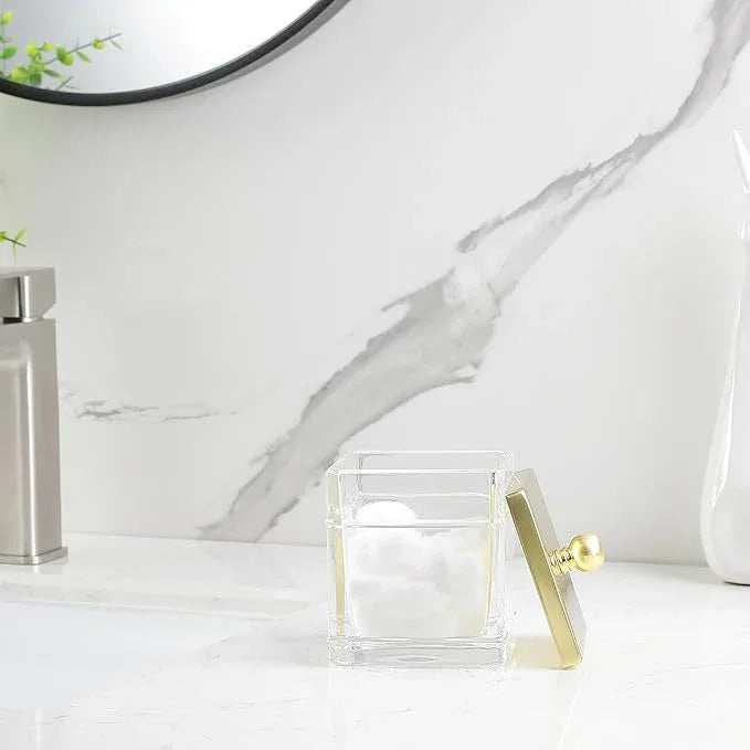 Indecor Home Clear Transparent Hotel Style Apothecary Tempered Glass Canister Jar W/ Gold Metal Lid Cover, Classic Countertop Organizer for Cotton balls/pads, Floss Picks, Makeup Storage - ModernBath