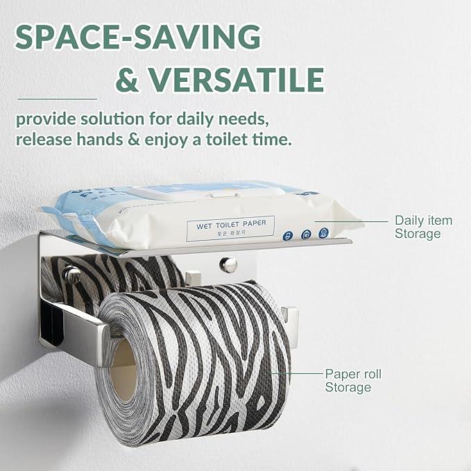 Toilet Paper Holder with Phone Shelf Polished Chrome, APLusee Bathroom Accessories 304 Stainless Steel Tissue Roll Dispenser Storage Wall Mounted - ModernBath