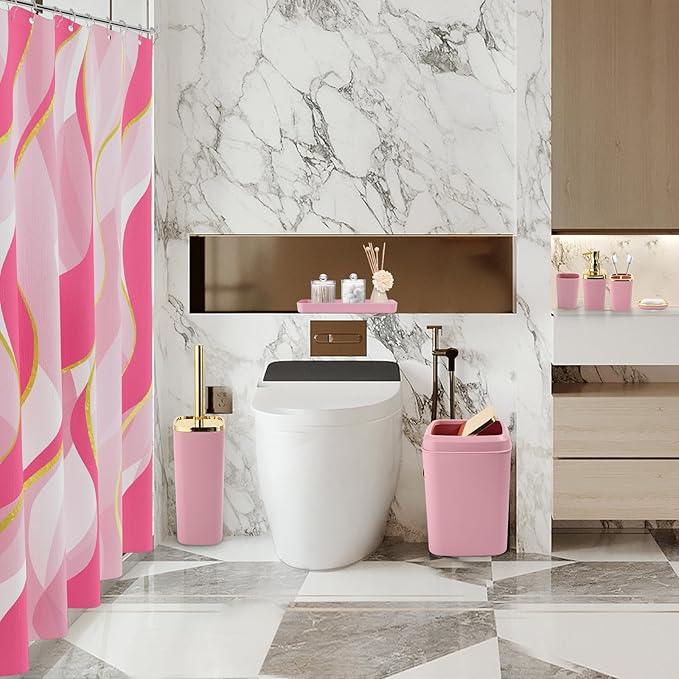 XLHOMO Pink Bathroom Set, Bathroom Sets with Stripe Shower Curtain, Pink and Gold Bathroom Accessories with Trash Can, Soap Dispenser, Soap Dish, Toilet Brush Holder, Qtip Holders for Bathroom - ModernBath