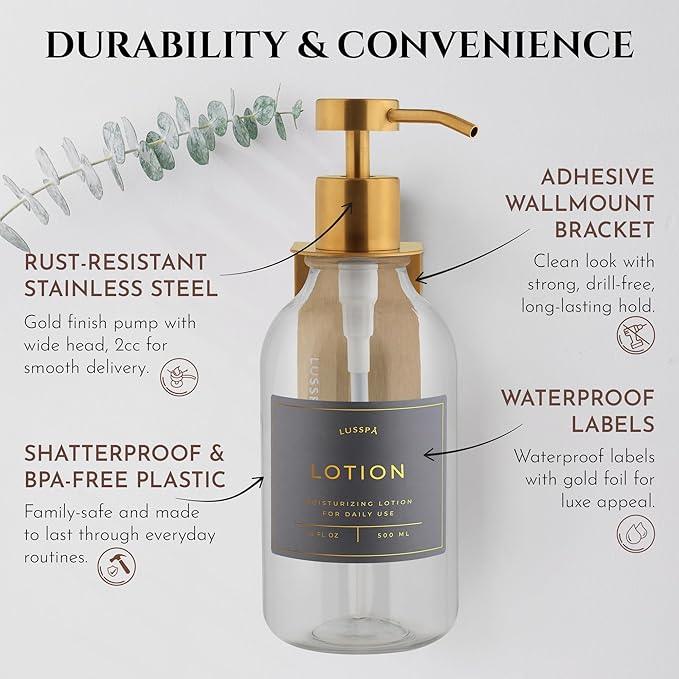 Shampoo & Conditioner Dispenser - Shower Soap Dispenser Wall Mounted - Set of 3 16.9 Oz Plastic Bottles with Pump & Holder - Shampoo Dispenser - Shower Dispenser Chamber No Drill (3 X Clear/Gold) - ModernBath