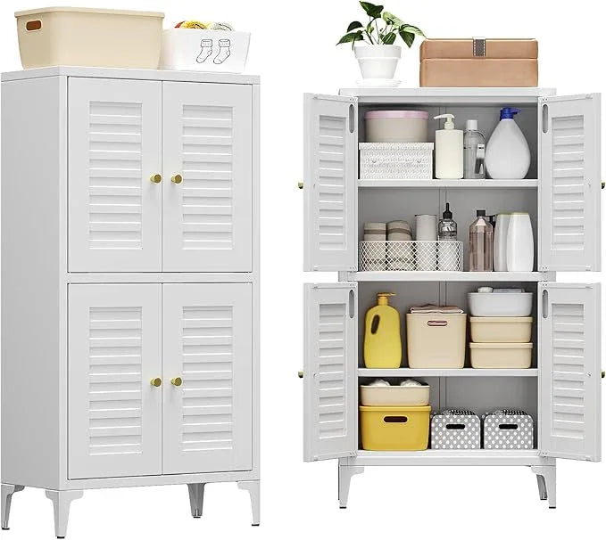 46''H Metal Small Bathroom Storage Cabinet with 4 Doors and Adjustable Shelves, Pantry Cabinet for Home, Kitchen, Assembly Required, White - ModernBath