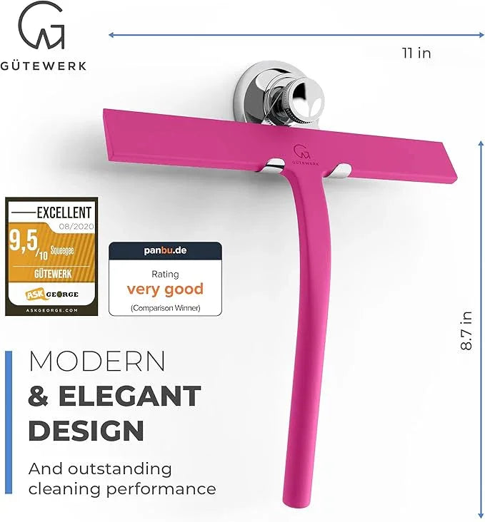 GÜTEWERK Shower Squeegee for Glass Doors, Silicone Window Squeegee, Bathroom and Glass Cleaning - Pink - 11 Inch - ModernBath