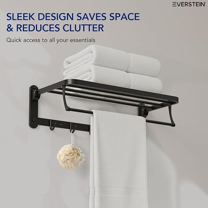 Bathroom Towel Rack with Storage Shelf and 5 Hooks, 23.6 in Foldable Towel Shelf Bar, Wall Mounted Lavatory Organizer，Matte Black - ModernBath