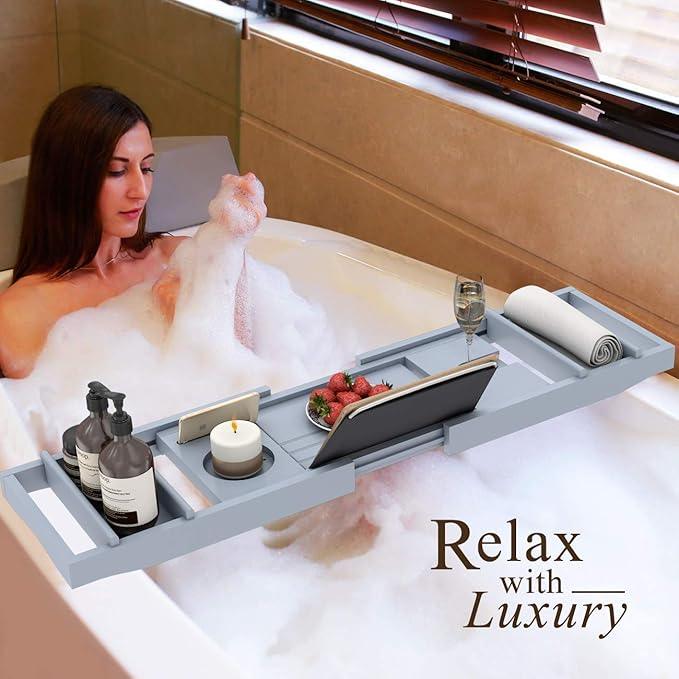 Domax Bathtub Caddy Tray Expandable Bamboo Tub Tray for Luxury Bath with Book Holder and Free Soap Dish (Gray, 29.4"-44.2"x 9.1"x1.65") - ModernBath
