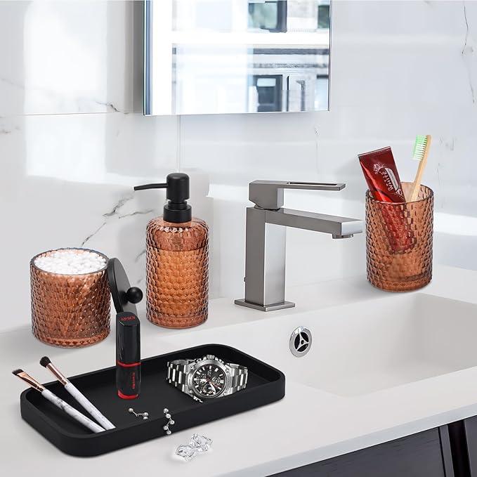 Bathroom Accessories Set,4 Pcs Amber Glass Bathroom Accessories Sets-Lotion Soap Dispenser,Toothbrush Holder,Qtip Holder Dispenser & Resin Vanity Tray,Countertop Vanity Organizer,Amber - ModernBath