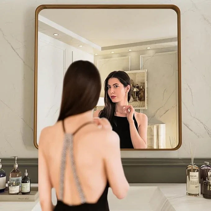 LOAAO 36X36 Inch Bathroom Mirror with Wood Grain Colored Metal Frame, Rounded Rectangle Metal Framed Bathroom Mirror, Anti-Rust, Hangs Horizontally or Vertically, Tempered Glass - ModernBath