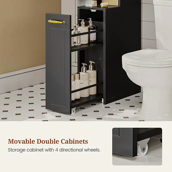 Over The Toilet Storage Cabinet with Pulley Small Bathroom Storage Cabinet, Space Saver W/Adjustable Shelf & Open Shelf for Bathroom, Restroom, Laundry (Black) - ModernBath