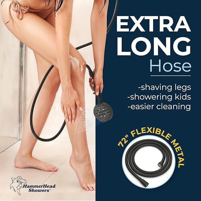 HammerHead Showers® Solid Metal 3-Spray Handheld Shower Head with Long Hose and Holder - MATTE BLACK - WIDE, MASSAGE, and MIST Sprays - 1.8 GPM Low Flow Handheld Showerhead - Water Saving Shower Head - ModernBath