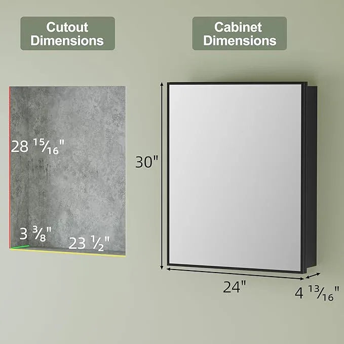 Buruis 24" x 30" Framed Medicine Cabinet with Mirror, Recessed or Wall Mounted Bathroom Cabinet, Adjustable Tempered Glass Shelves, Left/Right Open Reversible, No Assembly Required, Black - ModernBath