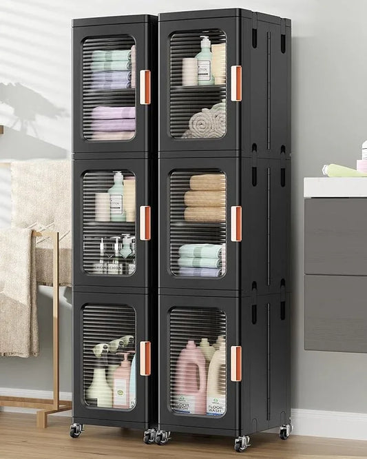 BROVIEW 6-Tier Tall Narrow Storage Cabinet Organizer, Slim Bathroom Cabinets with Adjustable Shelves and Doors, Plastic Kitchen Pantry Organizers and Storages for Small Space, Laundry, Black - ModernBath