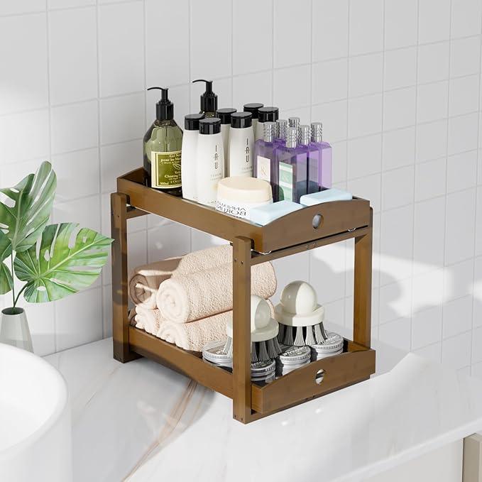 Bamboo Wood Under Sink Organizer 1 Pack, Pull Out Cabinet Organizer 2 Tier Under Sink Organizers and Storage w/Sliding Drawer Sturdy Easy Assembly for Kitchen Bathroom Undersink (Walnut, 2 Packs) - ModernBath